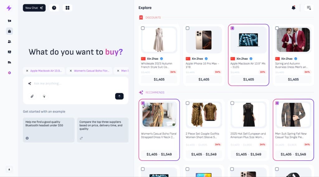 AI-assisted shopping interface with chat and product recommendations